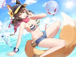 Rule 34 | 1girl, ;d, animal ears, bare arms, bare legs, bikini, bikini top only, blue archive, blue sky, blush, breasts, cloud, day, denim, denim shorts, fox ears, fox girl, fox hair ornament, fox shadow puppet, fox tail, hair ornament, halo, highres, izuna (blue archive), izuna (swimsuit) (blue archive), looking at viewer, medium breasts, navel, neckerchief, ocean, one eye closed, open fly, open mouth, outdoors, pink neckerchief, pink scarf, pom pom (clothes), pom pom hair ornament, ramune, same (samefgo), sandals, scarf, shorts, sky, smile, solo, stomach, striped bikini, striped clothes, swimsuit, tail, thighs, visor cap, water