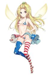 Rule 34 | 1girl, adapted costume, alternate eye color, alternate legwear, american flag, american flag bikini, american flag legwear, american flag print, american flag skirt, bangs pinned back, bikini, blonde hair, breasts, brown eyes, clownpiece, commentary request, fairy wings, flag print, full body, haishiki, long hair, medium breasts, micro bikini, miniskirt, navel, print bikini, print skirt, simple background, skirt, solo, star (symbol), star print, string bikini, striped clothes, striped thighhighs, swimsuit, thighhighs, touhou, underboob, white background, wings