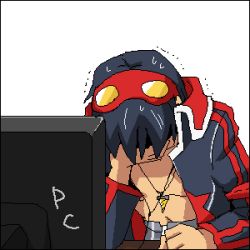 Rule 34 | 1boy, black border, black hair, border, clothes, computer, facepalm, hand on own face, lowres, male focus, monitor, multicolored clothes, pixel art, simple background, solo, upper body, white background