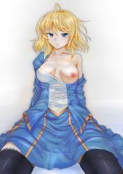 Rule 34 | 1girl, absurdres, ahoge, alternate breast size, artoria pendragon (all), artoria pendragon (fate), bad id, bad pixiv id, black thighhighs, blonde hair, blue eyes, blush, breast slip, breasts, dress, fate/stay night, fate (series), hair down, highres, large breasts, nipples, one breast out, saber (fate), solo, thighhighs, wenhe