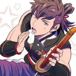 Rule 34 | 1boy, armor, brown eyes, brown hair, eating, fire emblem, fire emblem fates, food, from above, hinata (fire emblem), looking at viewer, male focus, nintendo, onigiri, open mouth, ponytail, sitting, solo, sword, u (lastcrime), weapon
