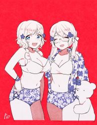 Rule 34 | 2girls, ^ ^, america (hetalia), axis powers hetalia, bear, bikini, blue eyes, canada (hetalia), closed eyes, curly hair, dkdmis, closed eyes, floral print, flower, genderswap, genderswap (mtf), hair flower, hair ornament, hugging another&#039;s leg, jacket, jacket over swimsuit, kumajirou (hetalia), leaf hair ornament, limited palette, matching outfits, medium hair, mismatched bikini, multiple girls, open mouth, polar bear, red background, short hair, siblings, signature, sisters, smile, star (symbol), star hair ornament, swimsuit, twintails