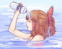 Rule 34 | 1girl, arm up, bare arms, bare shoulders, bottle, bow, brown hair, closed eyes, from side, hair bow, hair tubes, hakurei reimu, holding, holding bottle, partially submerged, ponytail, solo, touhou, water, water bottle, yoruny