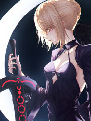 Rule 34 | 1girl, andi 1021, artoria pendragon (all), artoria pendragon (fate), bad id, bad pixiv id, black sleeves, blonde hair, braid, braided bun, breasts, cleavage, closed mouth, collarbone, crescent moon, excalibur morgan (fate), fate/stay night, fate (series), from side, green eyes, hair between eyes, hair bun, highres, holding, holding sword, holding weapon, looking down, medium breasts, moon, profile, saber alter, short hair, shrug (clothing), sideboob, sidelocks, solo, sword, upper body, weapon