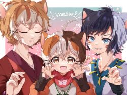 Rule 34 | ahoge, animal ears, antenna hair, bandana, blue eyes, blush, calico, cat boy, cat ears, character request, child, commentary request, english text, fang, fangs, indie virtual youtuber, looking at viewer, multicolored hair, open mouth, pink nails, red bandana, skin fang, tatamaru (vtuber), teeth, two-tone hair, virtual youtuber, xkasumikazex