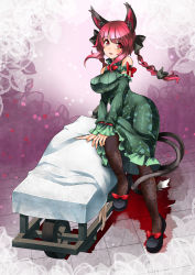 Rule 34 | 1girl, animal ears, arm strap, bare shoulders, black pantyhose, bow, braid, breasts, cat ears, cat tail, detached sleeves, dress, floral print, green dress, hair bow, kaenbyou rin, large breasts, long sleeves, looking at viewer, multiple tails, nekomata, open mouth, pantyhose, red eyes, red hair, smile, solo, tail, touhou, twin braids, umigarasu (kitsune1963), underbust, wheelbarrow