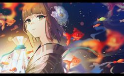 Rule 34 | 1boy, bag, blunt bangs, blunt ends, bob cut, brown hair, festival, fish, flower, frown, goldfish, green eyes, green hair, gretel (sinoalice), hair flower, hair ornament, japanese clothes, kimono, kina (446964), looking at viewer, male focus, multicolored hair, parted lips, sad, sinoalice, trap, two-tone hair