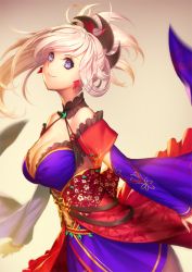 Rule 34 | 1girl, bare shoulders, blue eyes, breasts, cleavage, closed mouth, detached sleeves, earrings, fate/grand order, fate (series), from side, hair ornament, japanese clothes, jewelry, kimono, large breasts, long sleeves, looking at viewer, looking to the side, magatama, metto, miyamoto musashi (fate), miyamoto musashi (third ascension) (fate), ponytail, silver hair, smile, solo, upper body