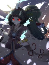 Rule 34 | 2others, androgynous, back-to-back, black hair, candle, cousins, fangs, fire, fire, ghost, ghost tail, green hair, hairband, highres, horns, japanese clothes, kimono, knife, lamp, len&#039;en, long hair, mouth hold, multiple others, ougi hina, red eyes, short hair, taira no chouki, taira no fumikado, very long hair
