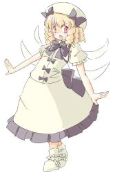 Rule 34 | 1girl, arnest, blonde hair, blush, bow, dress, drill hair, fairy, fairy wings, frills, full body, hair bow, hat, luna child, open mouth, puffy short sleeves, puffy sleeves, red eyes, short sleeves, solo, touhou, wings