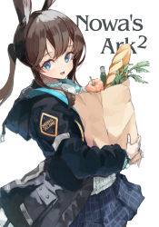 Rule 34 | 1girl, :d, absurdres, amiya (arknights), animal ear fluff, animal ears, arknights, text background, bag, baguette, black jacket, black skirt, blue eyes, bread, brown hair, ear piercing, food, grocery bag, highres, holding, holding bag, hood, hood down, hooded jacket, jacket, long hair, long sleeves, looking at viewer, open clothes, open jacket, open mouth, paper bag, piercing, pleated skirt, ponytail, puffy long sleeves, puffy sleeves, rabbit ears, shirt, shopping bag, skirt, smile, solo, tokorinowa, white shirt