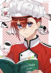 Rule 34 | 1boy, blue eyes, book, cooking hat, food, kwakah, male focus, red hair, riddle rosehearts, simple background, solo, twisted wonderland