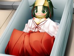 Rule 34 | 1girl, bdsm, bondage, bound, box, breasts, censored, encasement, female focus, gag, gagged, green eyes, green hair, improvised gag, in box, in container, japanese clothes, matching hair/eyes, miko, nipples, random parts, restrained, short hair, solo, takuteks, tape, tape gag, tears