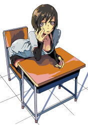 Rule 34 | 1girl, bad id, bad pixiv id, black hair, black thighhighs, breasts, chair, cleavage, collarbone, desk, detached sleeves, kotoyama, looking at viewer, open mouth, original, school desk, seiza, short hair, simple background, sitting, solo, star-shaped pupils, star (symbol), symbol-shaped pupils, thighhighs
