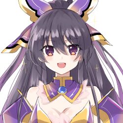 Rule 34 | 1girl, armor, armored dress, bare shoulders, bow, breasts, cleavage, date a live, detached collar, hair between eyes, hair bow, highres, kasuga kaya, large breasts, long hair, looking at viewer, open mouth, purple eyes, purple hair, smile, solo, white background, yatogami tooka