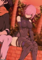 Rule 34 | 1boy, 1girl, armored boots, armored leotard, black footwear, black gloves, black hair, black leotard, black shirt, blurry, blurry background, blush, boots, breasts, closed mouth, depth of field, elbow gloves, evening, fate/grand order, fate (series), flying sweatdrops, fujimaru ritsuka (male), fujimaru ritsuka (male) (true ether chaldea uniform), gloves, hair over one eye, impossible clothes, impossible leotard, large breasts, leotard, looking away, looking down, mash kyrielight, nervous, official alternate costume, orange scarf, out of frame, outdoors, palm tree, pants, pink hair, purple eyes, scarf, shirt, short hair, short sleeves, sitting, solo focus, thigh boots, thighhighs, tree, twitter username, unadon, vambraces, white pants