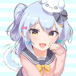 Rule 34 | 13o, 1boy, :3, black bow, black skirt, blue hair, blue tail, bow, dog tail, fang, hand on own face, hat, inuyama tamaki, looking at viewer, male focus, noripro, open mouth, patterned background, pink sweater, sailor collar, school uniform, serafuku, skirt, solo, sweater, tail, trap, two side up, upper body, virtual youtuber, white hat, yellow bow, yellow eyes