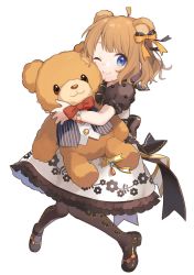 Rule 34 | 1girl, ahoge, animal ears, bad id, bad twitter id, bare arms, bear ears, blue eyes, bracelet, brown footwear, brown hair, brown pantyhose, brown sleeves, buttons, chiri (ch!), commentary, dress, floral print, full body, hair ribbon, holding, holding stuffed toy, idolmaster, idolmaster million live!, jewelry, lolita fashion, mary janes, necktie, one eye closed, pantyhose, puffy short sleeves, puffy sleeves, red necktie, ribbon, shoes, short hair, short sleeves, simple background, smile, solo, striped clothes, striped vest, stuffed animal, stuffed toy, suou momoko, sweet lolita, symbol-only commentary, teddy bear, vest, wavy hair, white background, white dress