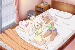 Rule 34 | &gt; &lt;, 3girls, alarm clock, all fours, bare shoulders, barefoot, bed, bedroom, black hair, blush, bookshelf, calendar (object), child, chloe von einzbern, clock, closed eyes, curtains, dark-skinned female, dark skin, dress, fate/kaleid liner prisma illya, fate (series), feet, highres, illyasviel von einzbern, imminent hug, imminent kiss, long hair, looking at another, miniskirt, miyu edelfelt, multiple girls, o3o, on bed, open mouth, outstretched arms, pillow, pink dress, pink hair, pushing away, rejected kiss, sakunohi c moon, shirt, short shorts, shorts, sitting, skirt, sleeveless, sleeveless dress, soles, spaghetti strap, t-shirt, tank top, wallpaper, wariza, wavy mouth, white hair, wide-eyed, window, wooden floor, yellow eyes, yuri