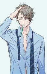 Rule 34 | 1boy, blue background, blue necktie, blue shirt, brown hair, closed mouth, collarbone, collared shirt, commentary request, dress shirt, earrings, facing viewer, frown, fujishiro (sgas), hand on own head, hand up, highres, jewelry, long sleeves, male focus, necktie, original, partially unbuttoned, shirt, short hair, sideways glance, simple background, solo, striped necktie, striped neckwear, stud earrings, toothbrush, toothbrush in mouth, undone necktie, upper body, very short hair