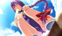 Rule 34 | 1girl, braid, brown eyes, casual one-piece swimsuit, cloud, day, food, from below, g yuusuke, game cg, hair ribbon, ice cream, licking, long hair, mariyatsu harumi, one-piece swimsuit, popsicle, purple hair, ribbon, solo, squatting, swimsuit, tapestry -you will meet yourself-, tongue