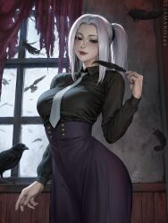 Rule 34 | 1girl, animal, artist name, bird, black eyes, black feathers, black shirt, breasts, closed mouth, commentary, crow, english commentary, feathers, grey hair, highres, indoors, jujutsu kaisen, large breasts, lips, long hair, long sleeves, looking at viewer, mei mei (jujutsu kaisen), nail polish, necktie, ponytail, purple nails, purple skirt, red lips, sciamano240, shirt, skirt, solo, torn curtains, white necktie, window