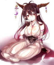 Rule 34 | 10s, 1girl, bandaged arm, bandages, black gloves, black hair, breasts, cleavage, corset, danua, draph, dress, female focus, fingerless gloves, gloves, granblue fantasy, horn ornament, horns, jewelry, large breasts, long hair, necklace, paragasu (parags112), pendant, pointy ears, red eyes, sitting, solo, very long hair, white dress