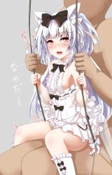 Rule 34 | 1boy, 1girl, :d, animal ears, azur lane, black bow, blush, boots, bow, breasts, cat ears, clothed female nude male, commentary request, cross-laced footwear, dress, eyelashes, frilled dress, frills, grey background, hair bow, hair ribbon, heavy breathing, highres, implied sex, kinsenka, lace-up boots, long hair, looking at viewer, nude, open mouth, orange eyes, ribbon, sideboob, simple background, sitting, small breasts, smile, solo focus, straight hair, sweat, swing, trembling, two side up, white bow, white dress, white footwear, white hair, white ribbon, yukikaze (azur lane), yukikaze (sovereign of the swing) (azur lane)