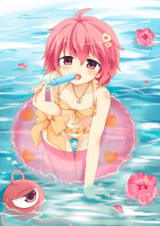 Rule 34 | 1girl, bent over, bikini, blush, breasts, brown bikini, collarbone, flower, food, hair ornament, heart, heart hair ornament, innertube, jewelry, komeiji satori, licking, looking at viewer, massala, navel, necklace, open mouth, pendant, petals, pink eyes, pink hair, popsicle, sexually suggestive, small breasts, solo, swim ring, swimsuit, third eye, tongue, tongue out, touhou, water