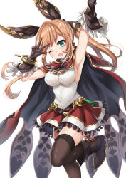 Rule 34 | 10s, 1girl, arm up, armpits, bad id, bad pixiv id, black gloves, black thighhighs, blush, breasts, brown hair, cape, clarisse (granblue fantasy), commentary request, gloves, granblue fantasy, green eyes, hair ribbon, harimoji, highres, long hair, looking at viewer, one eye closed, open mouth, ponytail, ribbon, skirt, smile, solo, thighhighs, v