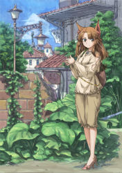 Rule 34 | 1girl, animal ears, brick wall, brown eyes, brown hair, capri pants, city, cloud, commentary, day, faux traditional media, fox ears, hands up, high heels, highres, lamppost, long hair, looking at viewer, looking to the side, meiz, original, outdoors, own hands together, pants, plant, sack, scenery, sign, sketch, sky, smirk, solo, tile roof, tree, vines, wind