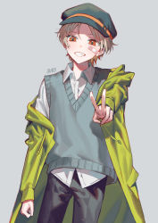 Rule 34 | 1boy, absurdres, bandaid, bandaid on face, black hat, black pants, blue sweater vest, coat, collared shirt, commentary request, cowboy shot, green coat, grey background, grin, hat, highres, light brown hair, long sleeves, looking at viewer, male focus, open clothes, open coat, orange eyes, original, pants, shirt, short hair, simple background, smile, solo, sweater vest, torino kawazu, v, very short hair, white shirt