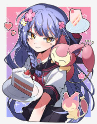 1girl azusa_(vtuber) azusa_official black_bow black_sailor_collar black_skirt blue_hair blush border bow braid cake cake_slice closed_eyes closed_mouth creatures_(company) flower food fruit game_freak gen_3_pokemon hair_bow hair_flower hair_ornament heart highres holding holding_plate long_hair looking_at_viewer neckerchief nijisanji nintendo outside_border pink_flower plate pleated_skirt pokemon pokemon_(creature) red_neckerchief sailor_collar school_uniform serafuku shirt short_sleeves side_braid skirt skitty smile strawberry very_long_hair virtuareal weibo_5277819978 white_border white_shirt yellow_eyes