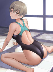 Rule 34 | 1girl, ass, barefoot, black one-piece swimsuit, brown eyes, commentary request, competition swimsuit, from behind, grey hair, hashi, looking at viewer, looking back, multicolored clothes, multicolored swimsuit, one-piece swimsuit, original, short hair, sitting, solo, swimsuit, wariza
