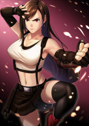 Rule 34 | 1girl, arm up, bike shorts, black gloves, black skirt, black thighhighs, breasts, brown hair, cleavage, closed mouth, collarbone, crop top, day, earrings, elbow gloves, final fantasy, final fantasy vii, final fantasy vii remake, fingerless gloves, gloves, gradient background, hand on own head, highres, jewelry, large breasts, long hair, looking at viewer, miniskirt, navel, red eyes, red footwear, shoes, shorts, shorts under skirt, skirt, sleeveless, solo, square enix, standing, standing on one leg, stomach, suspender skirt, suspenders, swept bangs, thighhighs, tifa lockhart, very long hair, zaregoto tsukai no deshi