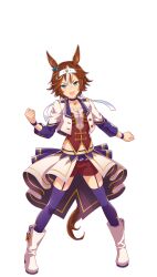 Rule 34 | 1girl, :d, animal ears, bamboo memory (umamusume), blush, bow, brown hair, clenched hands, ear bow, full body, hachimaki, hair between eyes, headband, highres, horse ears, horse girl, horse tail, jacket, looking at viewer, midriff, multicolored hair, official art, open mouth, purple thighhighs, red shorts, short hair, shorts, simple background, smile, solo, starting future (umamusume), streaked hair, tail, thighhighs, transparent background, two-tone hair, umamusume, white hair, white jacket
