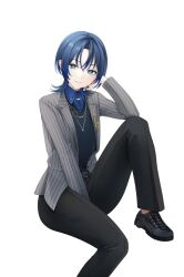 Rule 34 | 1girl, akaisu, belt, between legs, black footwear, black pants, blue eyes, blue hair, blue shirt, chain, chain necklace, coat, collared shirt, dark blue hair, full body, grey jacket, hair between eyes, hand between legs, hand on own chin, hand on own knee, hiodoshi ao, hololive, hololive dev is, jacket, jewelry, long sleeves, looking at viewer, medium hair, mole, mole under mouth, necklace, open clothes, open jacket, pants, parted bangs, shirt, shoes, short hair, simple background, sitting, smile, solo, striped clothes, striped jacket, vertical-striped clothes, vertical-striped jacket, virtual youtuber, white background
