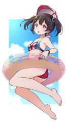 Rule 34 | 10s, 1girl, :o, ass, barefoot, bikini, black hair, bracelet, cloud, commentary request, dated, earrings, hair ornament, hairpin, halterneck, hat, heart, heart earrings, highres, innertube, jewelry, jumping, looking at viewer, love live!, love live! school idol project, red eyes, shipii (jigglypuff), sky, solo, swim ring, swimsuit, twintails, yazawa nico