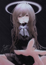 Rule 34 | 1girl, 2021, absurdres, black eyes, blurry, brown hair, depth of field, female focus, foreshortening, halo, heart, heart-shaped pupils, highres, kevin bayashi, long hair, looking at viewer, original, outstretched hand, pale skin, sitting, solo, symbol-shaped pupils, white neckwear