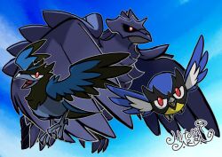 Rule 34 | ariga hitoshi, bird, black sclera, bright pupils, closed mouth, colored sclera, commentary request, corviknight, corvisquire, creatures (company), day, evolutionary line, game freak, gen 8 pokemon, highres, looking at viewer, nintendo, no humans, open mouth, outdoors, outline, pink eyes, pokemon, pokemon (creature), red eyes, rookidee, signature, sky, white pupils
