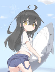 Rule 34 | 1girl, ahoge, ass, black hair, blue one-piece swimsuit, blush, brown eyes, clothes pull, cloud, inflatable shark, inflatable toy, kantai collection, long hair, mikazuki (kancolle), murabatodenki, off shoulder, old school swimsuit, one-piece swimsuit, one-piece swimsuit pull, outdoors, school swimsuit, shirt, short sleeves, sky, solo, swimsuit, swimsuit under clothes, thighs, wading, water, white shirt