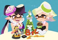 Rule 34 | 2girls, amiibo, anniversary, bare shoulders, black dress, blue background, blue eyes, callie (splatoon), closed mouth, cross-shaped pupils, dated, detached collar, dress, earrings, gloves, green hair, highres, inkbrush (splatoon), inkling, inkling girl, inkling player character, jewelry, kitsune, marie (splatoon), mole, mole under eye, multiple girls, nintendo, open mouth, pointy ears, purple hair, sharp teeth, sleeveless, sleeveless dress, splatoon (series), suction cups, symbol-shaped pupils, tanuki, teeth, tentacle hair, thick eyebrows, tower, ukata, white gloves, yellow eyes