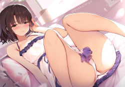 Rule 34 | 1girl, ass, bare legs, bed sheet, blush, breasts, brown eyes, brown hair, cherry blossoms, closed mouth, commentary request, crotch, feet out of frame, highres, indoors, katou megumi, large breasts, looking at viewer, lying, migumigu, night, night sky, on back, on bed, panties, partially visible vulva, pillow, saenai heroine no sodatekata, short hair, sky, smile, solo, stuffed toy, thighs, twitter username, underwear, white panties, window