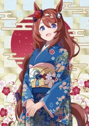 Rule 34 | 1girl, :d, alternate costume, animal ears, blue kimono, braid, brown hair, floral print, flower, hair between eyes, hair flower, hair ornament, highres, horse ears, horse girl, horse tail, japanese clothes, kimono, long hair, looking at viewer, new year, open mouth, shiromaru illust, smile, solo, super creek (umamusume), tail, umamusume, very long hair
