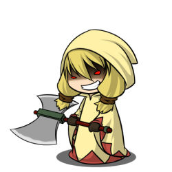 Rule 34 | 1girl, axe, blonde hair, chibi, double bladed axe, evil, female focus, final fantasy, final fantasy tactics, full body, gloves, grin, hood, kyokusetu, long hair, lowres, red eyes, robe, simple background, smile, solo, weapon, white background, white mage, white mage (fft), white mage (final fantasy)