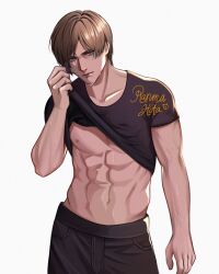 Rule 34 | 1boy, abs, artist name, black pants, black shirt, blue eyes, brown hair, clothes lift, curtained hair, highres, leon s. kennedy, looking to the side, male focus, muscular, muscular male, navel, nipples, pants, ranma88hita, resident evil, resident evil 4, resident evil 4 (remake), shirt, shirt lift, short hair, signature, simple background, solo, standing, sweat, t-shirt