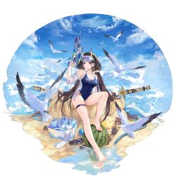 Rule 34 | 1girl, animal, artist request, azur lane, bare shoulders, barefoot, bird, black hair, blue one-piece swimsuit, blue sky, breasts, cleavage, cloud, cloudy sky, collarbone, covered navel, day, feet, food, fruit, full body, goggles, goggles on head, hair ornament, hair scrunchie, hand up, highres, holding, horns, hose, legs, long hair, looking at viewer, low twintails, manjuu (azur lane), medium breasts, noshiro (azur lane), noshiro (unwinding in the sunshine) (azur lane), off shoulder, official art, one-piece swimsuit, open clothes, open shirt, outdoors, parted lips, purple eyes, reflection, sand sculpture, sandals, scrunchie, seagull, shiny skin, shirt, shovel, simple background, sky, smile, solo, swimsuit, swimsuit under clothes, sword, thigh strap, thighs, toes, twintails, unworn sandals, water, water drop, water gun, watermelon, weapon, wet, wet clothes