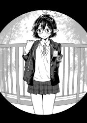 Rule 34 | 1girl, arm behind back, ayane (blue archive), bag, blazer, blue archive, blush, closed mouth, collared shirt, commentary request, cowboy shot, flying sweatdrops, glasses, greyscale, halo, hand up, highres, jacket, long sleeves, monochrome, necktie, open clothes, open jacket, plaid, plaid skirt, pointy ears, school uniform, shirt, short hair, skirt, smile, solo, standing, yuki wosora