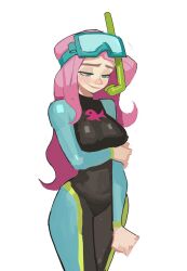Rule 34 | 1girl, arm grab, arm under breasts, bodysuit, breast hold, breasts, diving suit, fluttershy, green eyes, highres, large breasts, legs, my little pony, pink hair, smile, solo, thighs, wetsuit