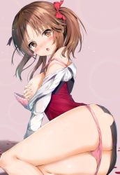 Rule 34 | 1girl, ass, bare shoulders, black skirt, blush, bow, bra, breasts, brown eyes, brown hair, butt crack, commentary request, covering privates, covering breasts, from side, hair bow, highres, idolmaster, idolmaster cinderella girls, kuria (clear trip second), large breasts, long hair, looking at viewer, miniskirt, panties, parted lips, pencil skirt, pink bra, pink panties, red bow, red shirt, shirt, sidelocks, sitting, skirt, solo, sweat, thighs, totoki airi, underwear, white shirt